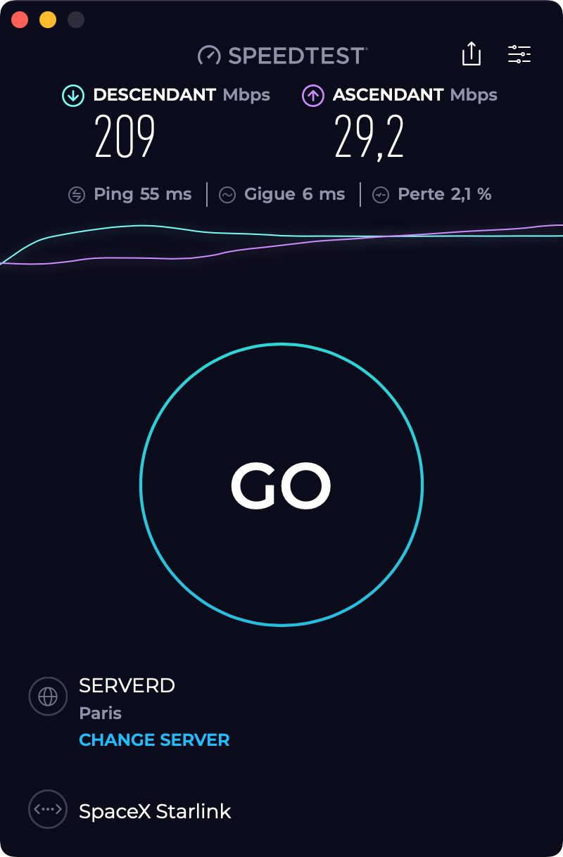 Speedtest avec STARLINK en filaire